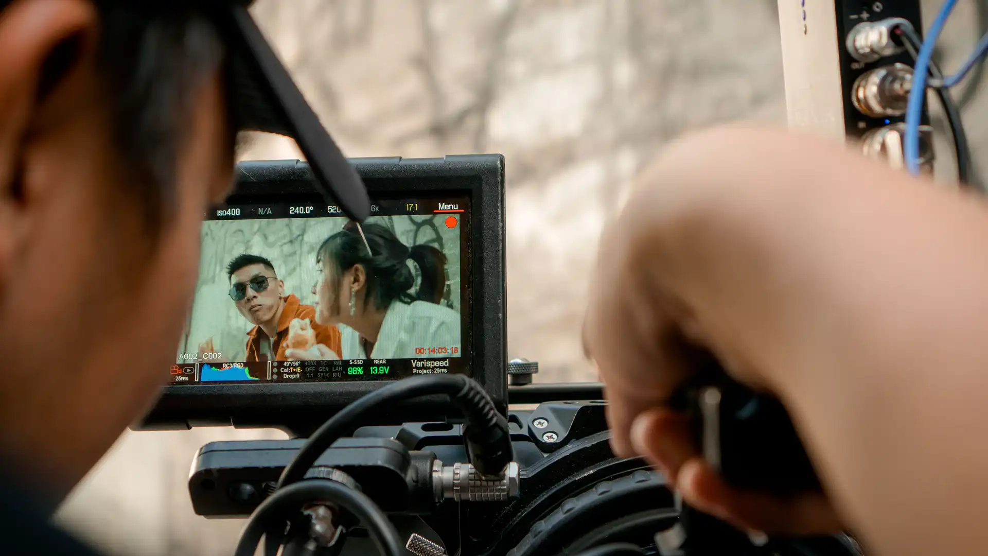 Camera monitor showing a scene playback during the brand film shoot